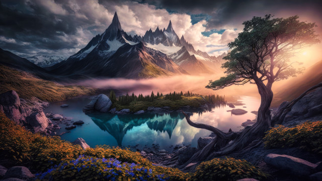 Mountain lake fantasy tree sunset free wallpaper for desktop - medium preview image