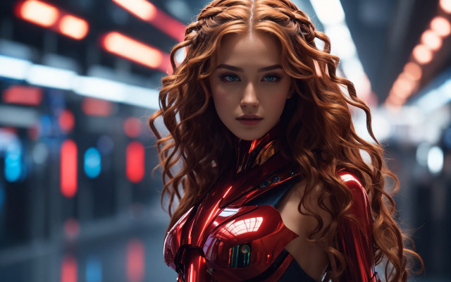 Woman red suit hallway blurry free wallpaper for desktop - medium preview image