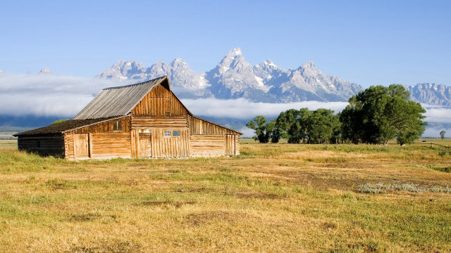Barn mountains clouds trees landscape free wallpaper for desktop - medium preview image