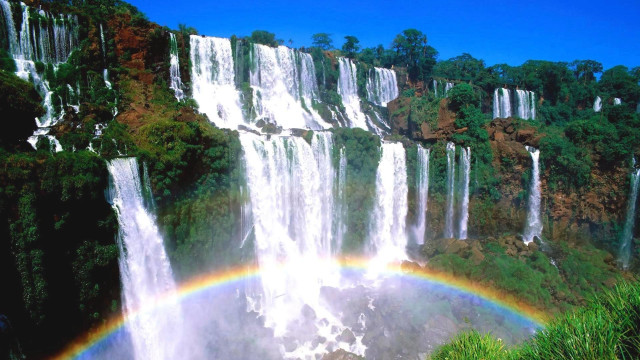 Rainbow waterfall city nature matte free wallpaper for desktop - medium preview image