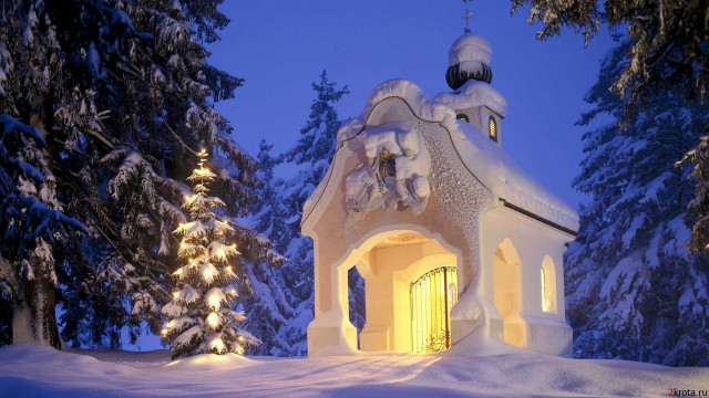 Snowy forest church night magic free wallpaper for desktop - medium preview image