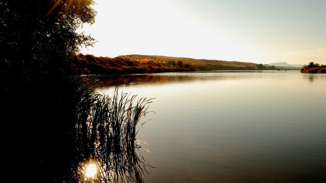 Lake hill trees sunset water free wallpaper for desktop - medium preview image