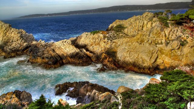 Rocky coastline water trees cliff free wallpaper for desktop - medium preview image