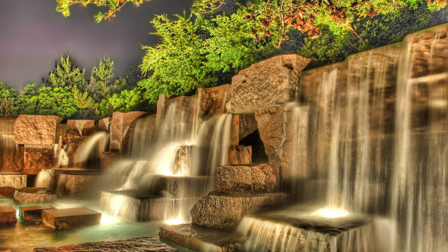Waterfall trees night architecture bridge free wallpaper for desktop - medium preview image