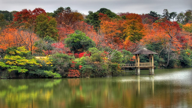 Gazebo lake trees fall bridge free wallpaper for desktop - medium preview image