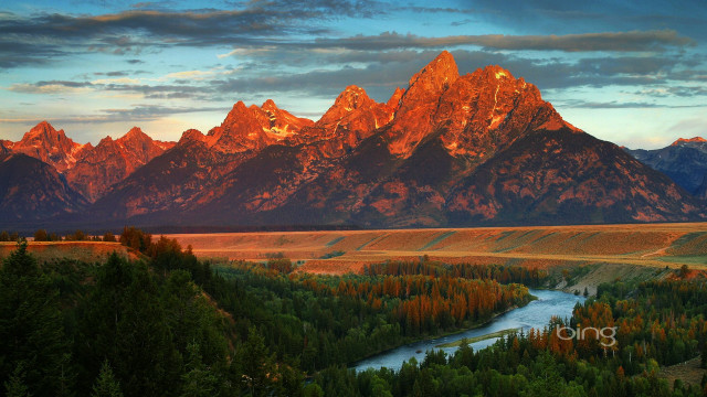 River forest mountain sunset valley free wallpaper for desktop - medium preview image