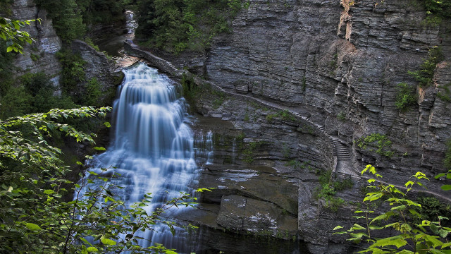 Waterfall man ledge forest moss free wallpaper for desktop - medium preview image