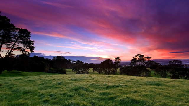 Sunset trees field mountains lake free wallpaper for desktop - medium preview image