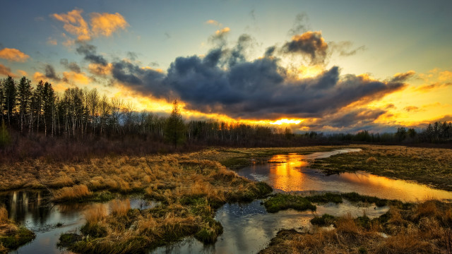 River forest sunset clouds mountain free wallpaper for desktop - medium preview image
