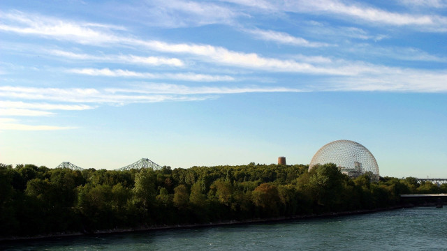 River bridge building trees horizon free wallpaper for desktop - medium preview image