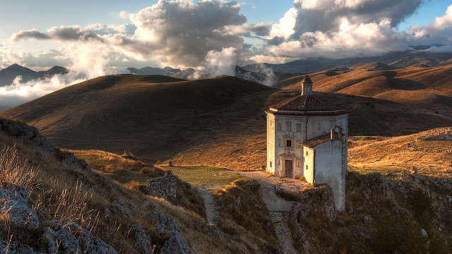 Small building hill cloudy sky free wallpaper for desktop - medium preview image