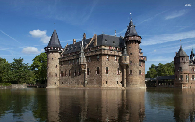 Castle moat towers lake trees free wallpaper for desktop - medium preview image