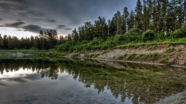 Lake hill trees cloudy sky free wallpaper for desktop - medium preview image