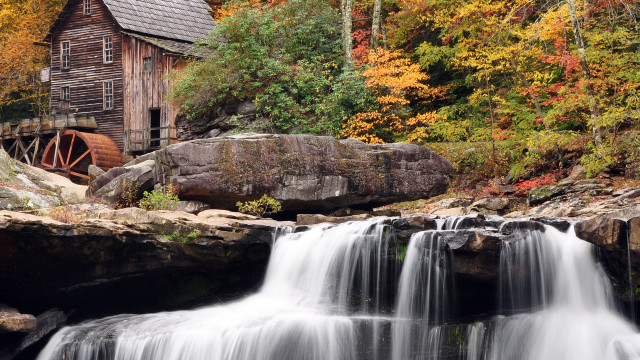 Waterfall river wooden building water free wallpaper for desktop - medium preview image