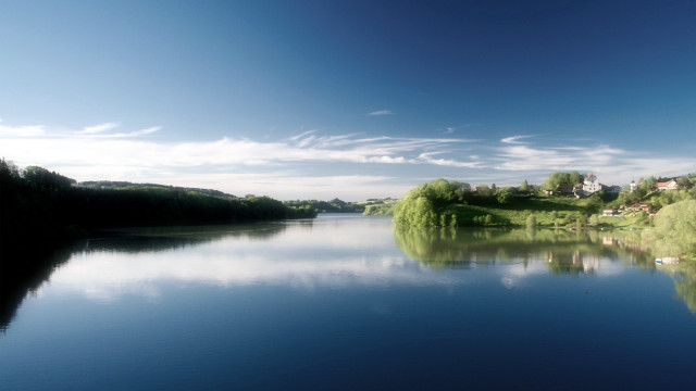 Lake boat trees clouds sky free wallpaper for desktop - medium preview image