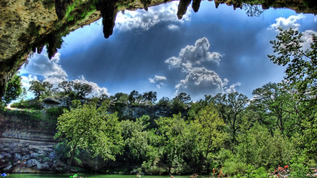 River cave swimming clouds landscape free wallpaper for desktop - medium preview image