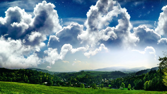 Green field clouds houses matte free wallpaper for desktop - medium preview image
