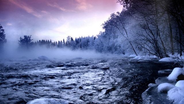 River snow trees pink sky free wallpaper for desktop - medium preview image