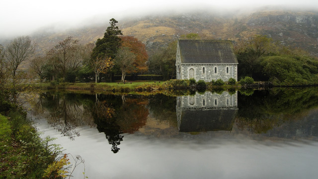 Gothic house lake forest mountains free wallpaper for desktop - medium preview image
