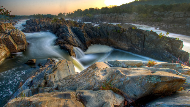 Waterfall river rocks trees sunset free wallpaper for desktop - medium preview image