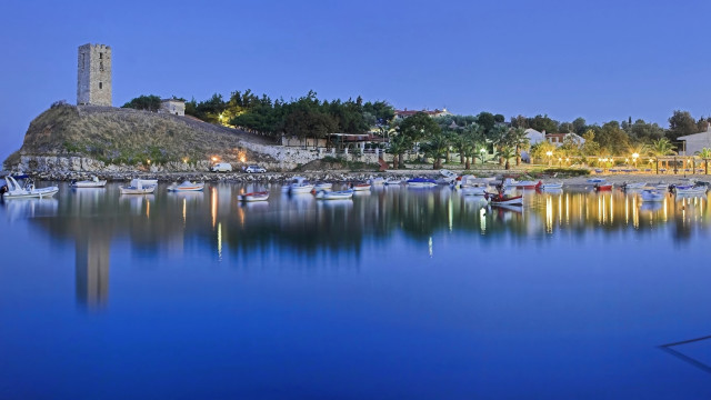 Harbor boats tower night lights free wallpaper for desktop - medium preview image