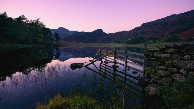 Wooden dock lake sunset mountains free wallpaper for desktop - medium preview image