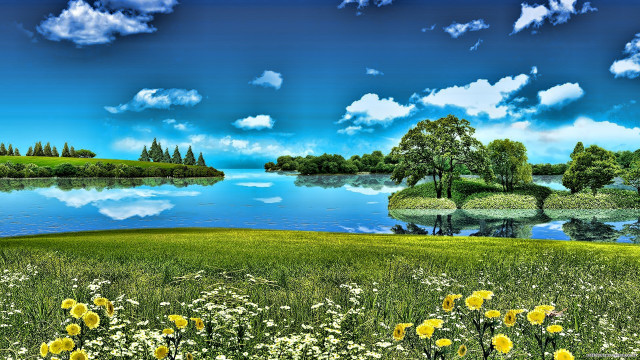 Lake flowers trees blue sky free wallpaper for desktop - medium preview image