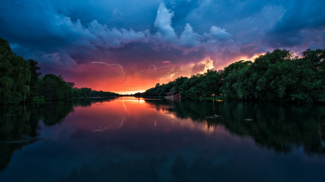 Lake forest sky thunderstorm lightning free wallpaper for desktop - medium preview image