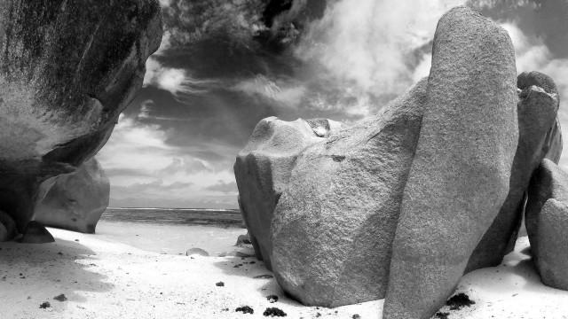 Black white rocks beach clouds free wallpaper for desktop - medium preview image