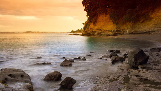 Rocky beach cliff water matte free wallpaper for desktop - medium preview image