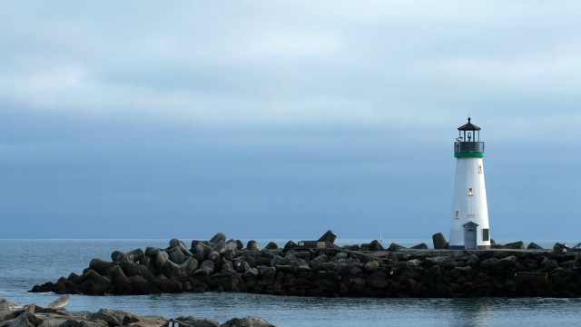 Lighthouse rock pier bird blue free wallpaper for desktop - medium preview image