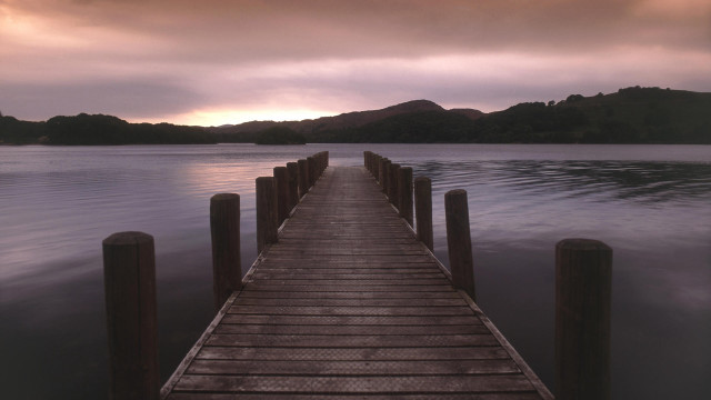 Lake mountain dock sunset clouds free wallpaper for desktop - medium preview image