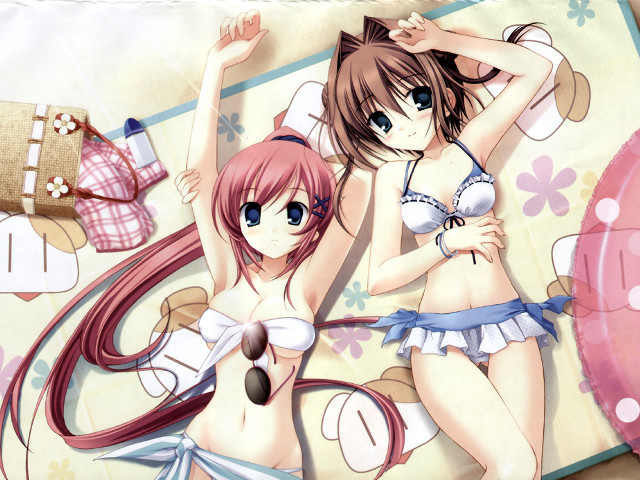 Anime girls beach pink umbrella free wallpaper for desktop - medium preview image
