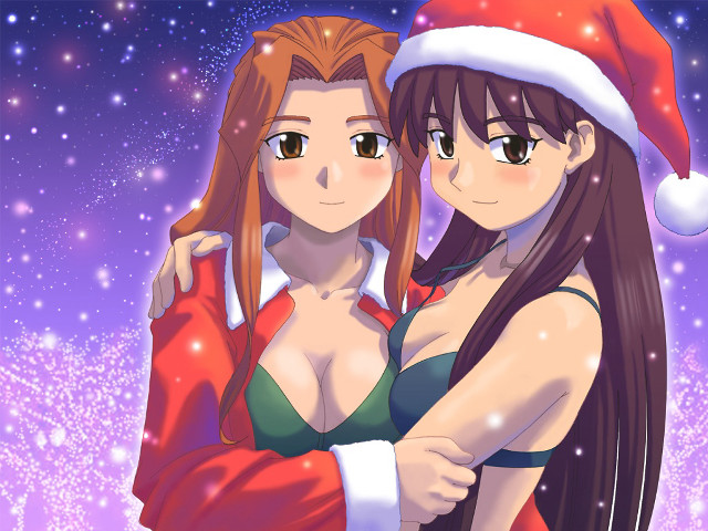 Santa hug anime girls christmas free wallpaper for desktop - medium preview image