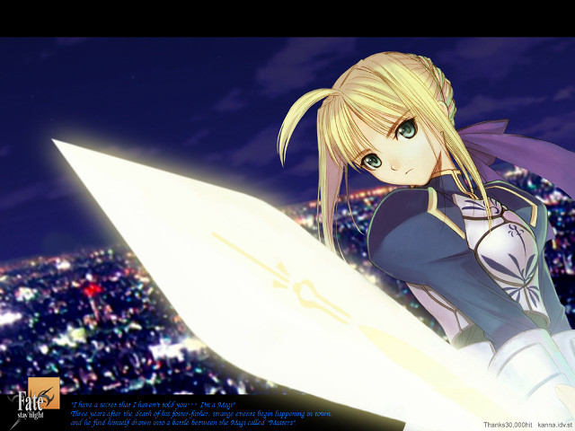 Girl blonde sword cityscape night free wallpaper for desktop - medium preview image