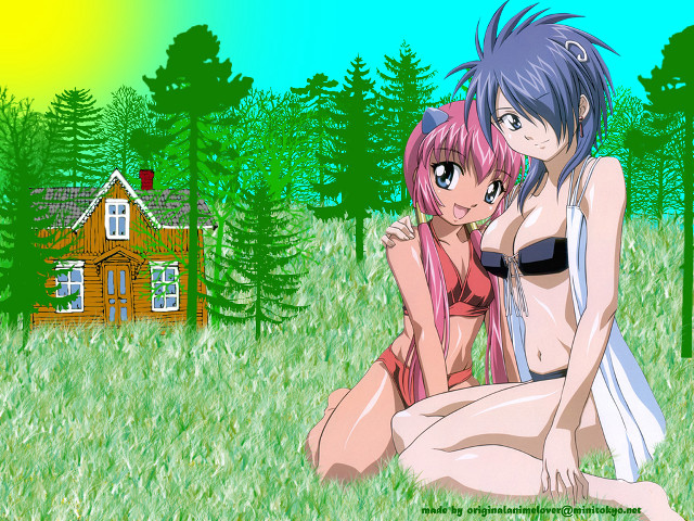 Anime girls sitting grass house free wallpaper for desktop - medium preview image