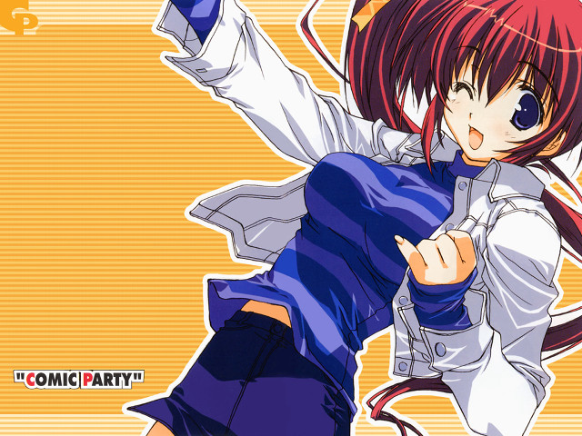 Anime girl redhair blueeyes pointing free wallpaper for desktop - medium preview image