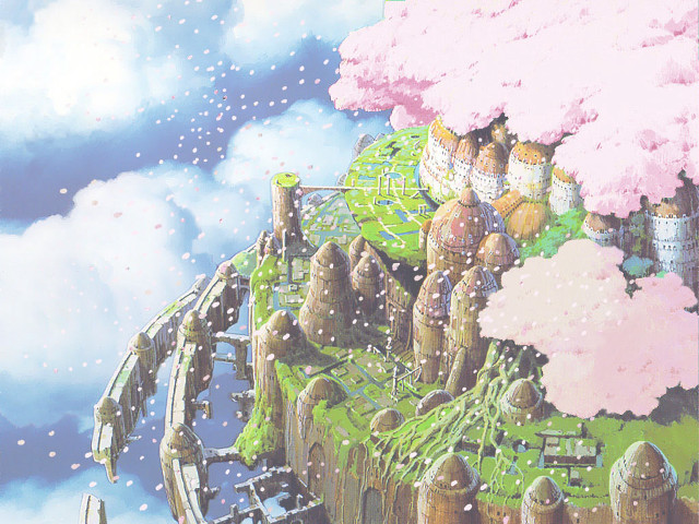 Castle sky clouds train flowers free wallpaper for desktop - medium preview image
