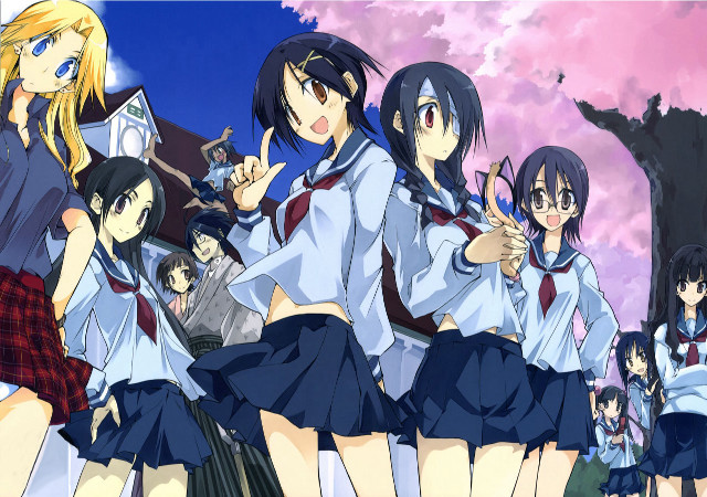 Schoolgirls cherryblossoms tree uniforms smile free wallpaper for desktop - medium preview image