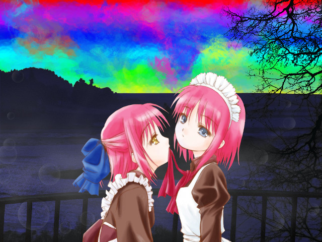 Pink hair anime girls kiss free wallpaper for desktop - medium preview image