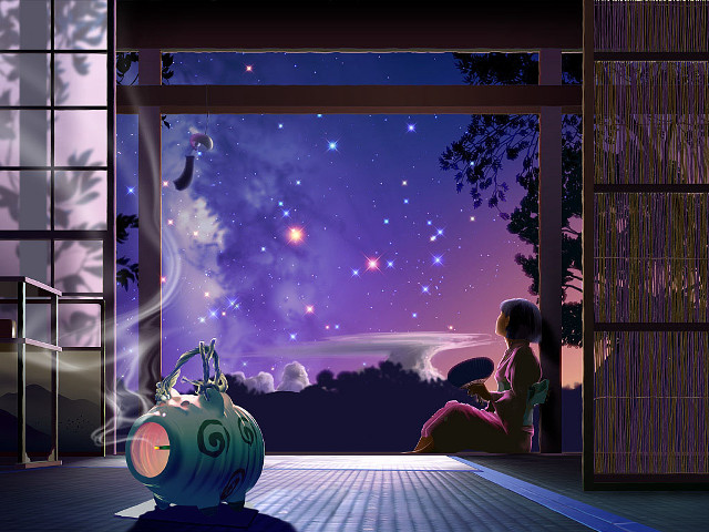 Girl starry sky teapot anime free wallpaper for desktop - medium preview image