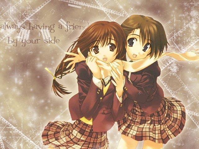 Anime girls hugging smiling school free wallpaper for desktop - medium preview image