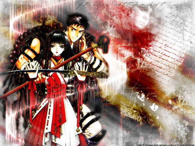 Anime couple swords red background free wallpaper for desktop - medium preview image