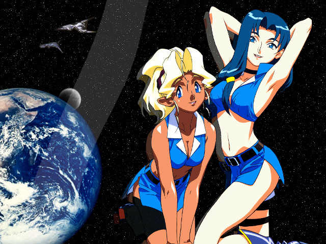 Two women blue outfits planet free wallpaper for desktop - medium preview image