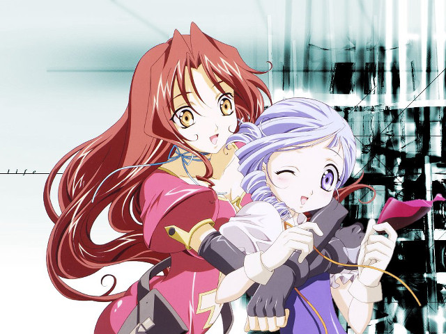 Anime girls hugging cityscape rayonism free wallpaper for desktop - medium preview image