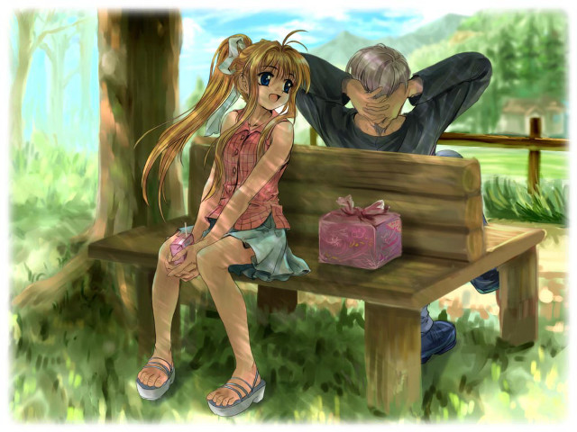 Anime park bench picnic blonde free wallpaper for desktop - medium preview image