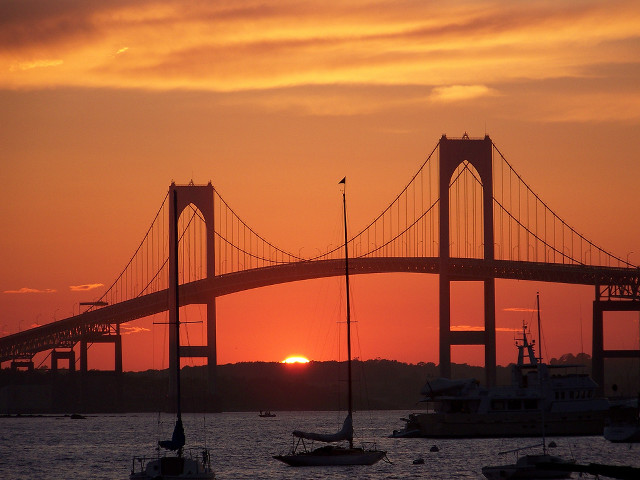 Bridge water boats sunset dawn free wallpaper for desktop - medium preview image