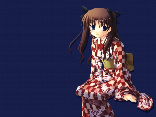 Anime girl checkered outfit sitting free wallpaper for desktop - medium preview image