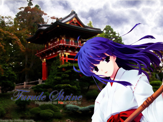 Purple hair woman shrine outdoors free wallpaper for desktop - medium preview image