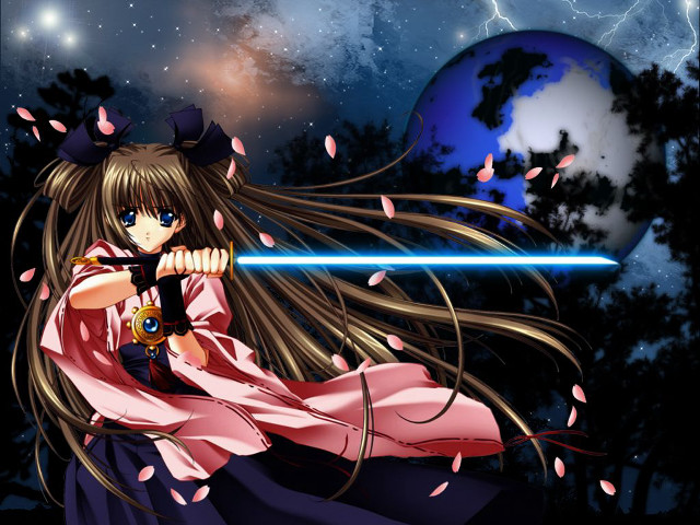 Girl sword fullmoon starry night free wallpaper for desktop - medium preview image